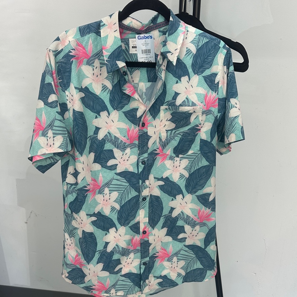 Floral Print Performance Men's Shirt - Green and Pink
